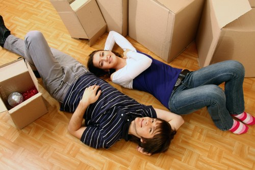 Office furniture and storage items being moved for a Battersea company
